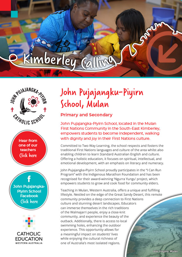 John Pujajangka-Piyirn School LAKE GREGORY / MULAN - Kimberley Calling flyer