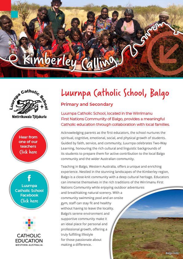Luurnpa Catholic School BALGO - Kimberley Calling flyer