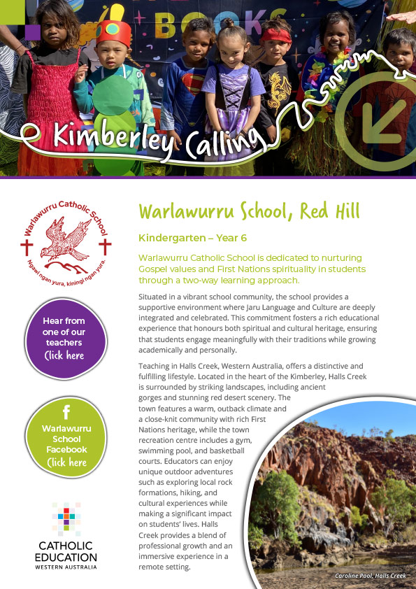 Warlawurru Catholic School HALLS CREEK - Kimberley Calling flyer